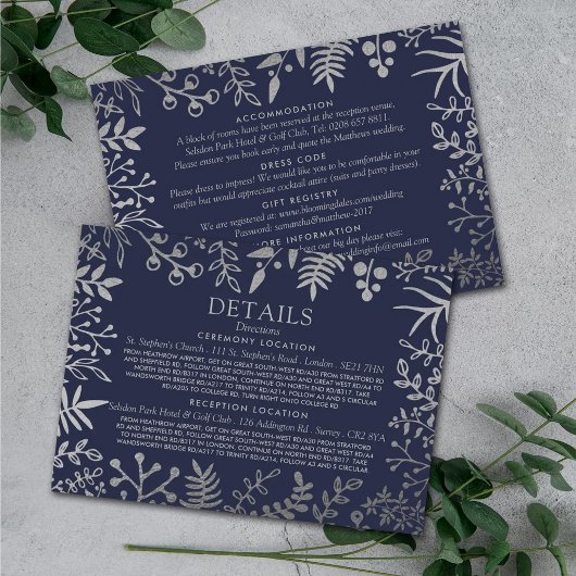 Elegant Navy & Silver Floral Wedding Collectie Informatiekaartje