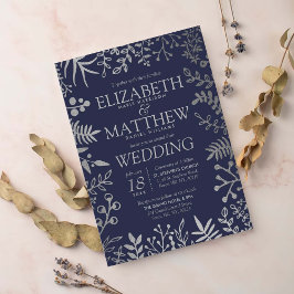 Elegant Navy & Silver Floral Wedding Collectie Kaart