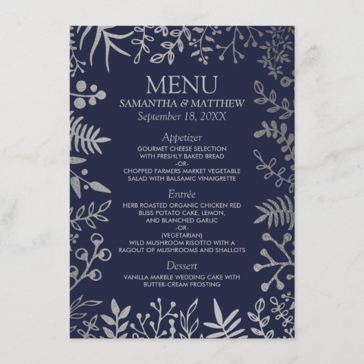 Elegant Navy & Silver Floral Wedding Collectie Menu (Voorkant)