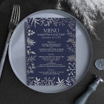 Elegant Navy & Silver Floral Wedding Collectie Menu<br><div class="desc">Viel in stijl met deze moderne en zeer trendy huwelijksontbijtmenu's. Het ontwerp is gemakkelijk te personaliseren met uw eigen formulering en uw gasten zullen enthousiast zijn wanneer zij deze geweldige menu's zien. Overeenkomende objecten zijn te vinden in het collectie.</div>
