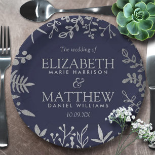 Elegant Navy & Silver Floral Wedding Collectie Papieren Bordje
