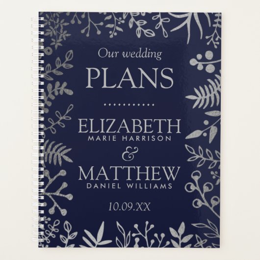 Elegant Navy & Silver Floral Wedding Collectie Planner (Voorkant)