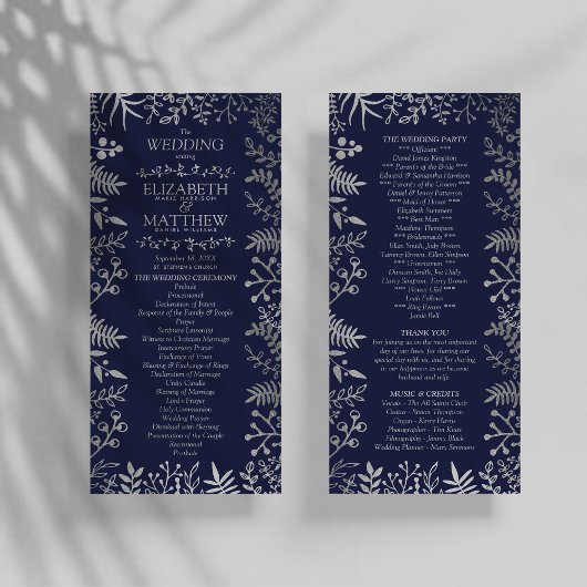 Elegant Navy & Silver Floral Wedding Collectie Programmakaart