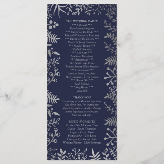Elegant Navy & Silver Floral Wedding Collectie Programmakaart (Achterkant)