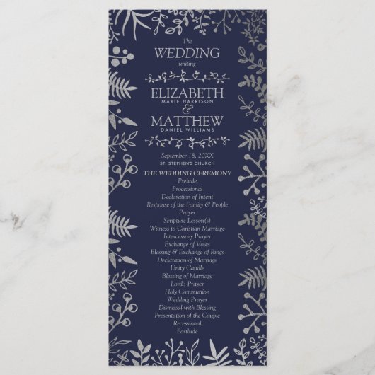 Elegant Navy & Silver Floral Wedding Collectie Programmakaart (Voorkant)