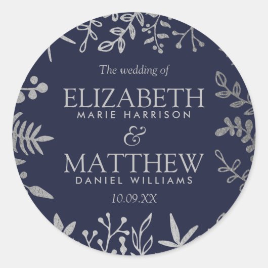 Elegant Navy & Silver Floral Wedding Collectie Ronde Sticker (Voorkant)