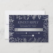 Elegant Navy & Silver Floral Wedding Collectie RSVP Kaartje (Voorkant)