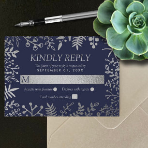 Elegant Navy & Silver Floral Wedding Collectie RSVP Kaartje