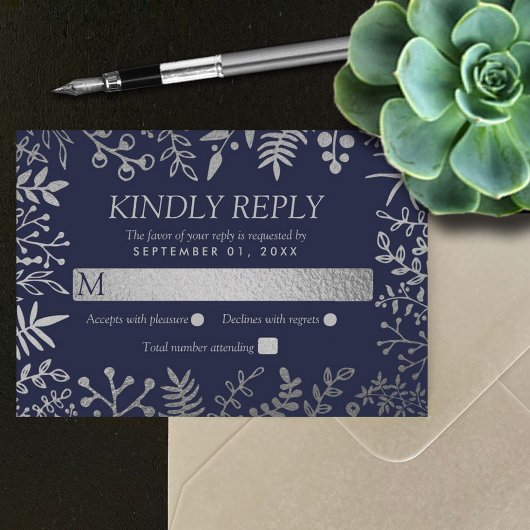 Elegant Navy & Silver Floral Wedding Collectie RSVP Kaartje