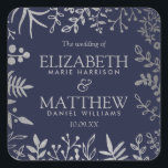 Elegant Navy & Silver Floral Wedding Collectie Vierkante Sticker<br><div class="desc">Geniet in stijl met deze moderne en zeer trendy bruiloft ten gunste van stickers. Het ontwerp is gemakkelijk te personaliseren met uw speciale gebeurtenisformulering en uw gasten zullen enthousiast zijn wanneer zij deze geweldige stickers zien. Overeenkomende objecten zijn te vinden in het collectie.</div>