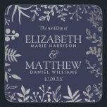Elegant Navy & Silver Floral Wedding Collectie Vierkante Sticker<br><div class="desc">Geniet in stijl met deze moderne en zeer trendy bruiloft ten gunste van stickers. Het ontwerp is gemakkelijk te personaliseren met uw speciale gebeurtenisformulering en uw gasten zullen enthousiast zijn wanneer zij deze geweldige stickers zien. Overeenkomende objecten zijn te vinden in het collectie.</div>