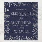 Elegant Navy & Silver Floral Wedding Collectie Wijn Etiket (Enkel label)