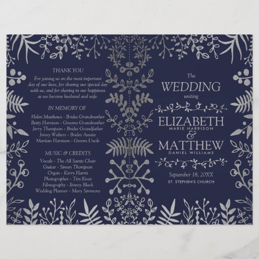 Elegant Navy & Silver Floral Wedding Programme (Voorkant)