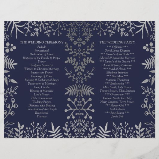 Elegant Navy & Silver Floral Wedding Programme (Achterkant)