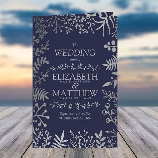 Elegant Navy & Silver Floral Wedding Programme