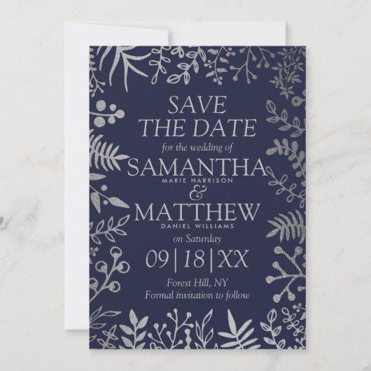 Elegant Navy & Silver Floral Wedding Save The Date (Voorkant)