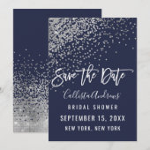 Elegant Navy Silver Glitter Confetti Vrijgezellenf Save The Date (Voorkant / Achterkant)