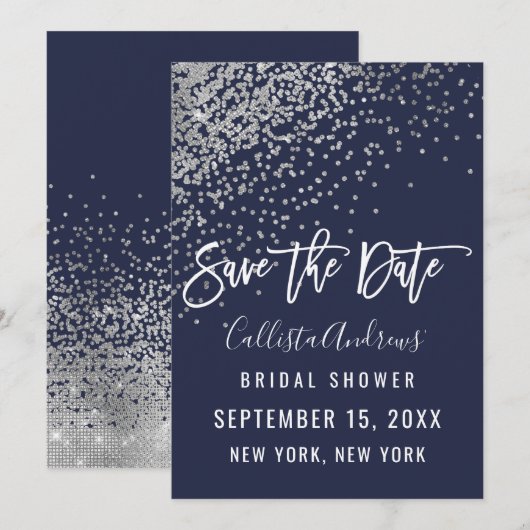 Elegant Navy Silver Glitter Confetti Vrijgezellenf Save The Date (Voorkant / Achterkant)