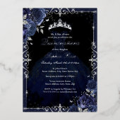 Elegant Navy Silver Roos Jurk Quinceanera Folie Uitnodiging (Voorkant)