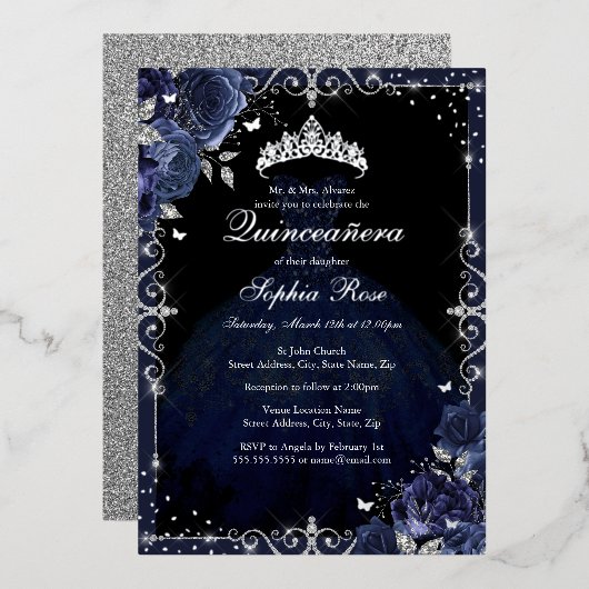 Elegant Navy Silver Roos Jurk Quinceanera Folie Uitnodiging (Voorkant / Achterkant)