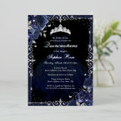 Elegant Navy Silver Roos Jurk Quinceanera Folie Uitnodiging (Staand Voorkant)