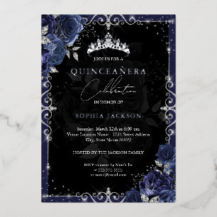 Elegant Navy Silver Roos Quinceanera Folie Uitnodiging