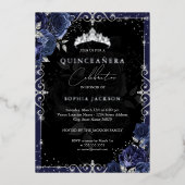 Elegant Navy Silver Roos Quinceanera Folie Uitnodiging (Voorkant)