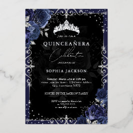 Elegant Navy Silver Roos Quinceanera Folie Uitnodiging