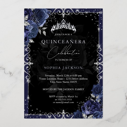 Elegant Navy Silver Roos Quinceanera Folie Uitnodiging (Voorkant)