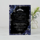 Elegant Navy Silver Roos Quinceanera Folie Uitnodiging (Staand Voorkant)