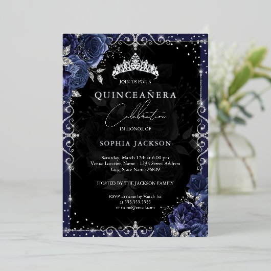 Elegant Navy Silver Roos Quinceanera Folie Uitnodiging (Staand Voorkant)