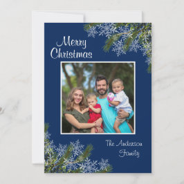 Elegant Navy Snowflake en Pine Flat Holiday Card Feestdagenkaart