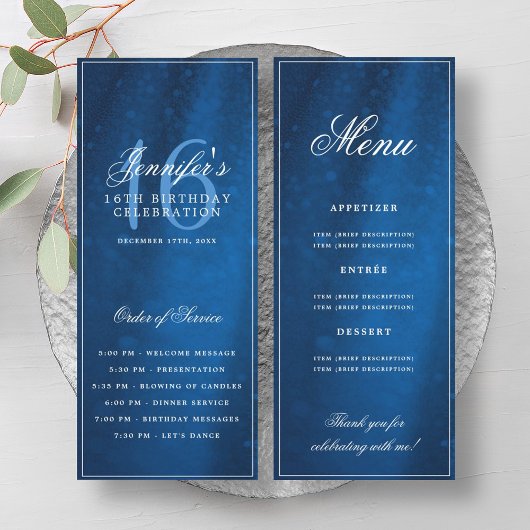 Elegant Navy Sparkle 16th Birthday Program Menu Kaart