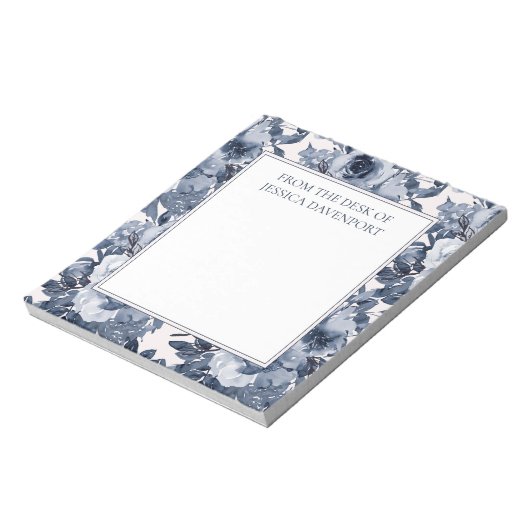 Elegant Navy Stofblauw Bloem Wit Van Bureau Notitieblok (Linkerzijde)