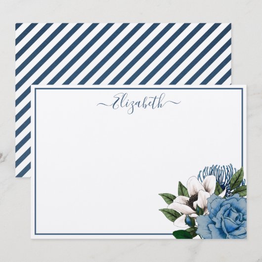 Elegant Navy & Stofblauw Bloemige Gepersonaliseerd Notitiekaartje (Voorkant / Achterkant)