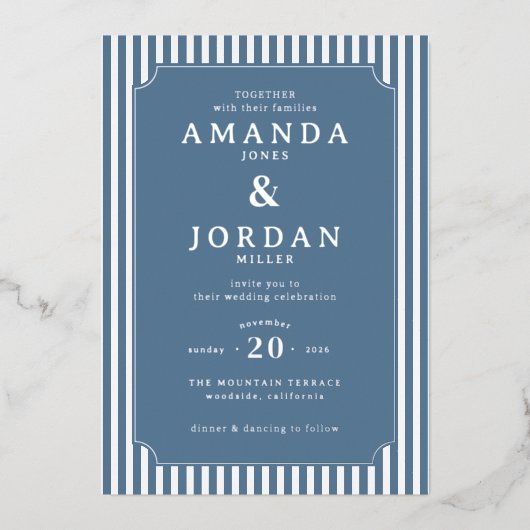 Elegant Navy Striped Wedding Invitation Folie Uitnodiging (Voorkant)