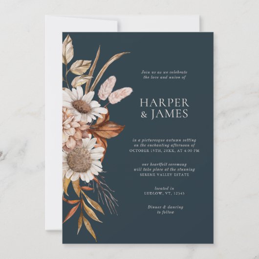 Elegant Navy Terracotta Floral Boho Fall Bruiloft Kaart (Voorkant)