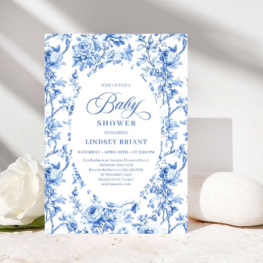 Elegant Navy Toile de Jouy Rose Baby Shower Invite Kaart