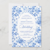 Elegant Navy Toile Rose Wedding Invitation Kaart (Voorkant)