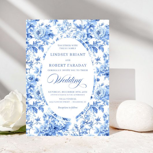 Elegant Navy Toile Rose Wedding Invitation Kaart