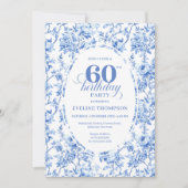 Elegant Navy Toile Roses 60th Birthday Invite Digi Kaart (Voorkant)
