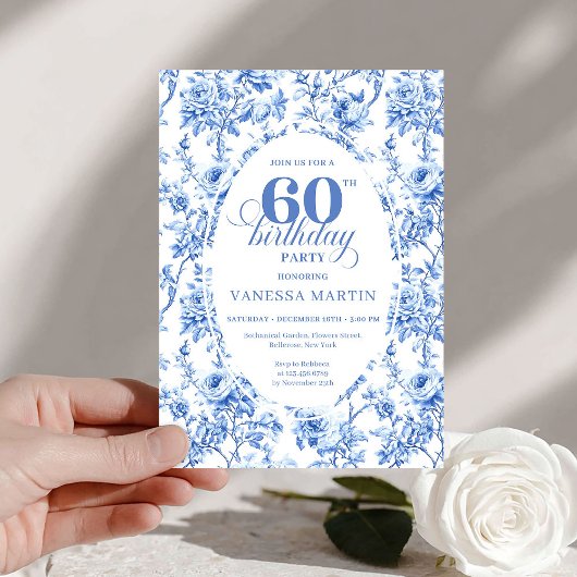 Elegant Navy Toile Roses 60th Birthday Invite Digi Kaart