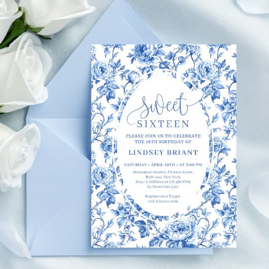 Elegant navy toile roses digital birthday invite  kaart