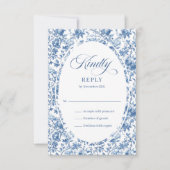 Elegant Navy Toile Roses Wedding RSVP Card Kaartje (Voorkant)