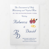 Elegant Navy Two Hearts Catholic Wedding Drieluik Programma (Cover)