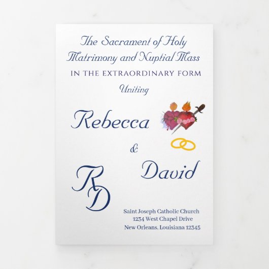 Elegant Navy Two Hearts Catholic Wedding Drieluik Programma (Cover)