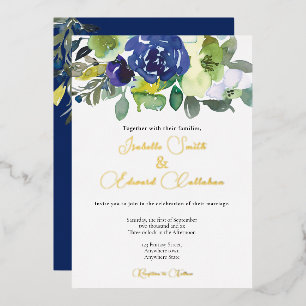 Elegant Navy Waterverf Bloemen Boeket Bruiloft Folie Uitnodiging