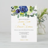 Elegant Navy Waterverf Bloemen Boeket Bruiloft Folie Uitnodiging (Staand Voorkant)