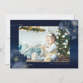 Elegant Navy Waterverf Ink & Golden Jewel Foto Feestdagenkaart (Voorkant)