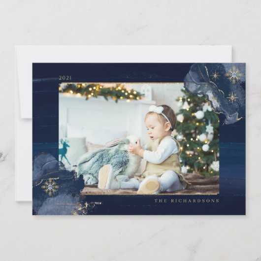 Elegant Navy Waterverf Ink & Golden Jewel Foto Feestdagenkaart (Voorkant)